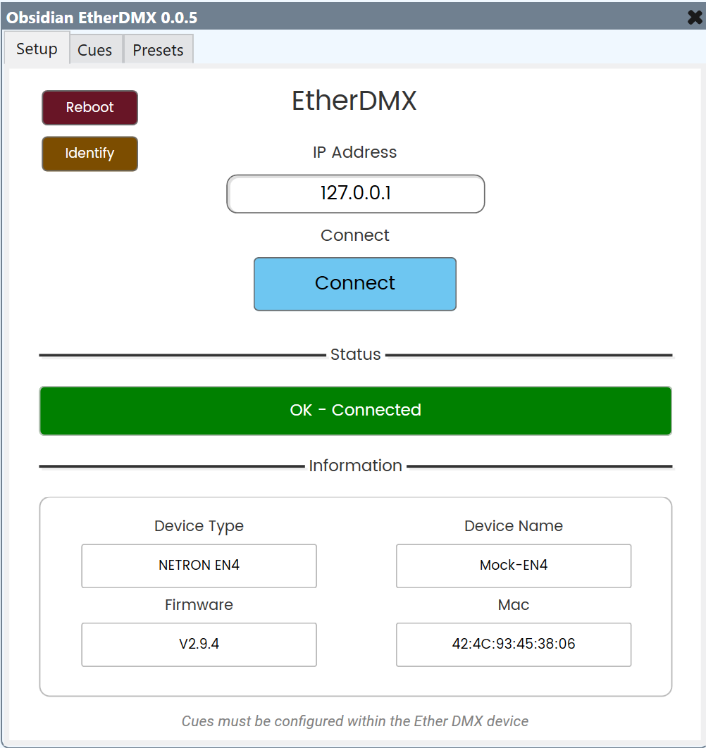 EtherDMX setup page showing device information and connection status