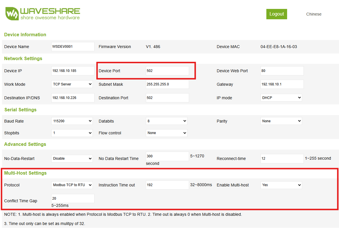 WaveShare device web interface configuration